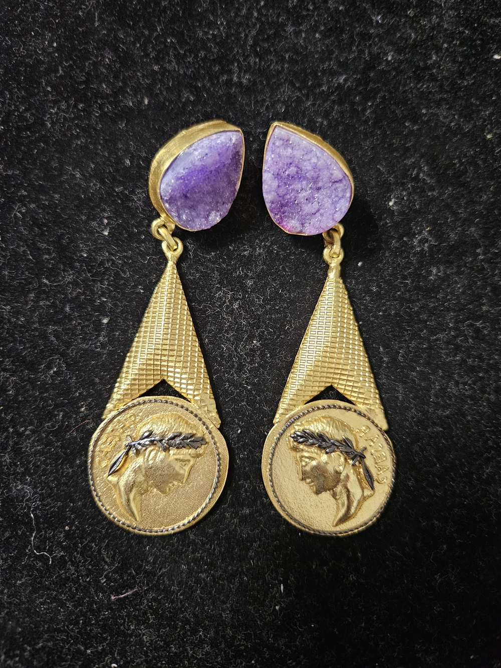 Gold Plated Drop Earrings with Purple Druzy Teardrops